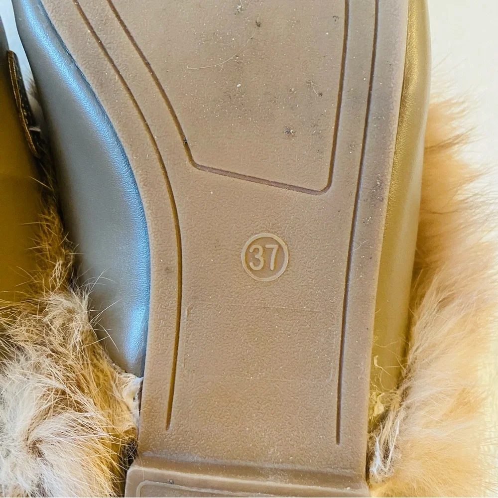 Tan rabbit fur loafer mules rose gold buckle vegan leather rubber soles Sz 37